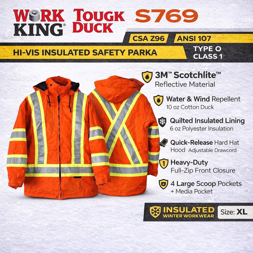 Tough Duck S15711 Hi-Vis Insulated Safety Parka CSA ANSI 3M Reflective Orange M